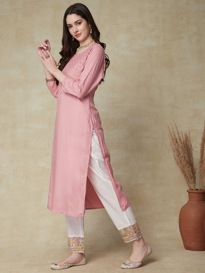 Solid Resham & Sequins Embroidered Kurta - Pink