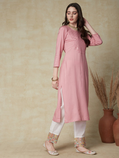 Solid Resham & Sequins Embroidered Kurta - Pink