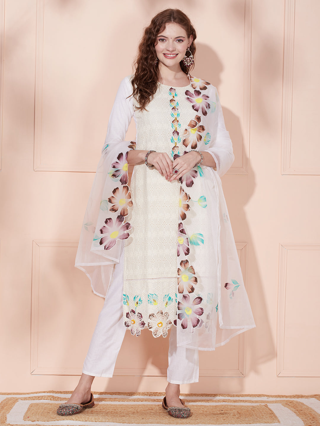 Solid Schiffli Floral Hand Painted Straight Kurta & Dupatta with Pant - Off White