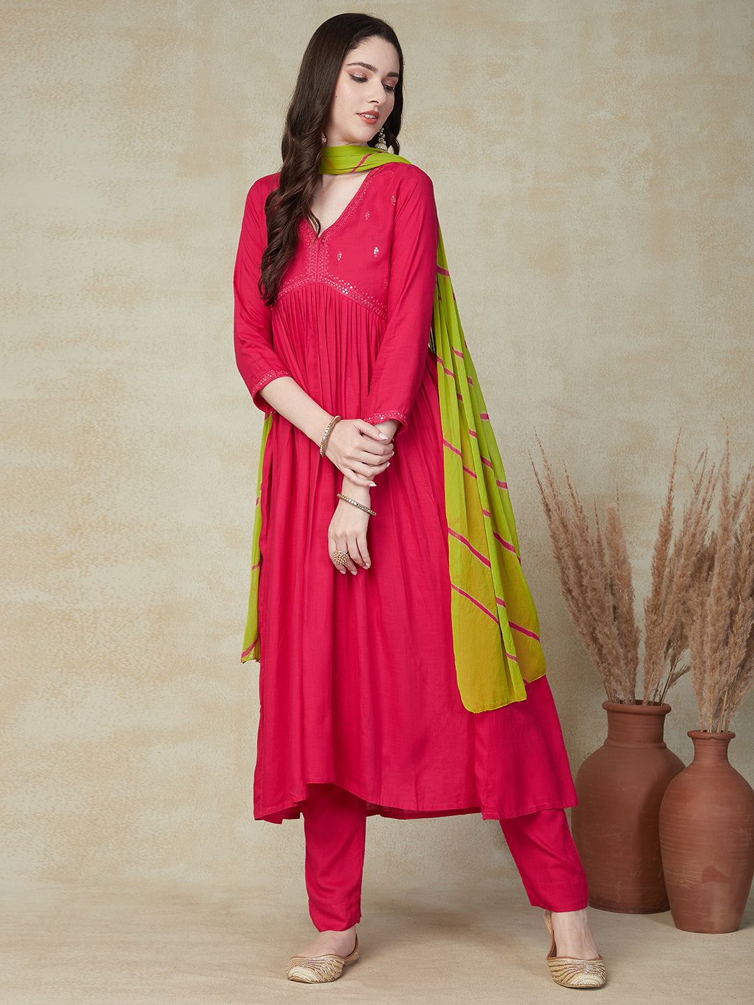 Solid Sequin Embroidered A-Line Pleated Kurta with Pant & Dupatta - Fuchsia