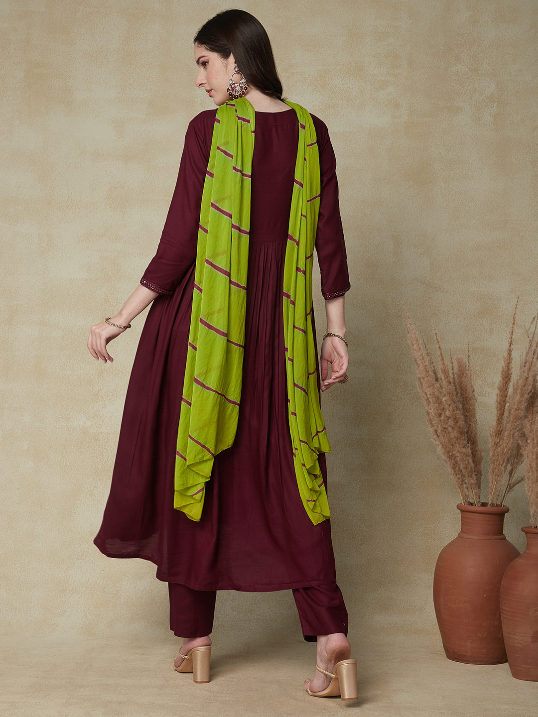 Solid Ethnic Embroidered A-Line Pleated Kurta with Pant with Dupatta - Magenta
