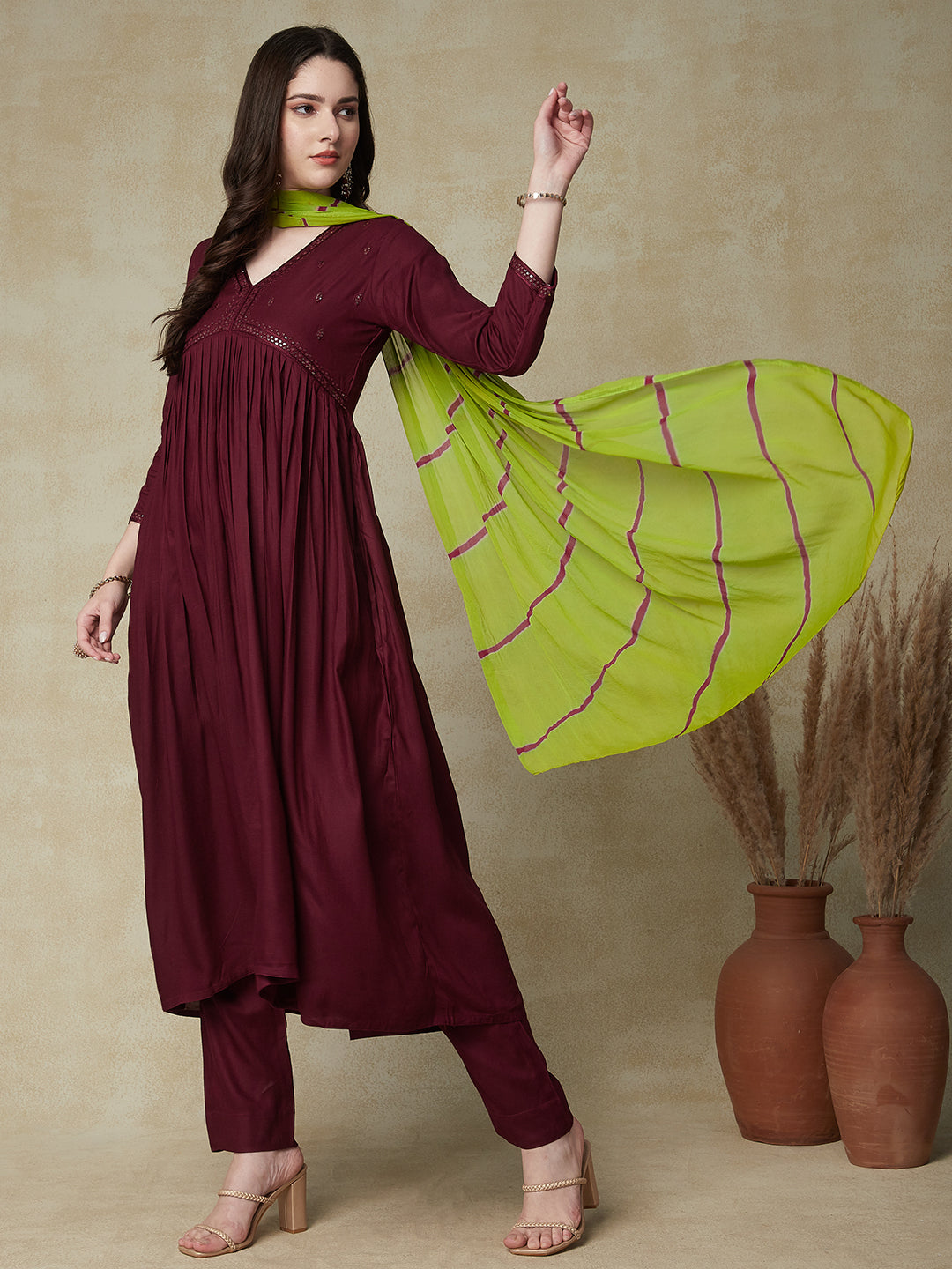 Solid Ethnic Embroidered A-Line Pleated Kurta with Pant with Dupatta - Magenta