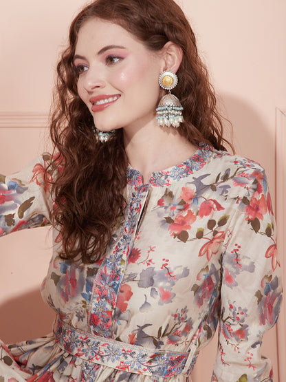 Floral Printed Resham & Sequins Embroidered Churidar Sleeves Maxi Dress - Cream & Multi