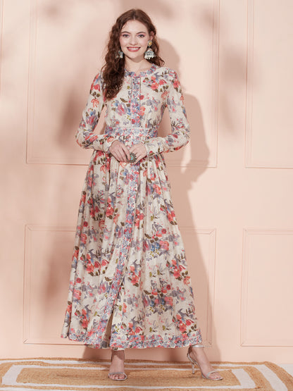 Floral Printed Resham & Sequins Embroidered Churidar Sleeves Maxi Dress - Cream & Multi