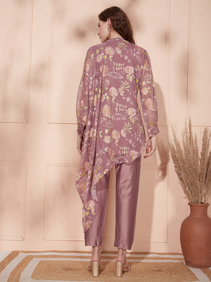 Ethnic Floral Printed & Sequin Embroidered Asymmetric Kurta with Pant - Rose Gold