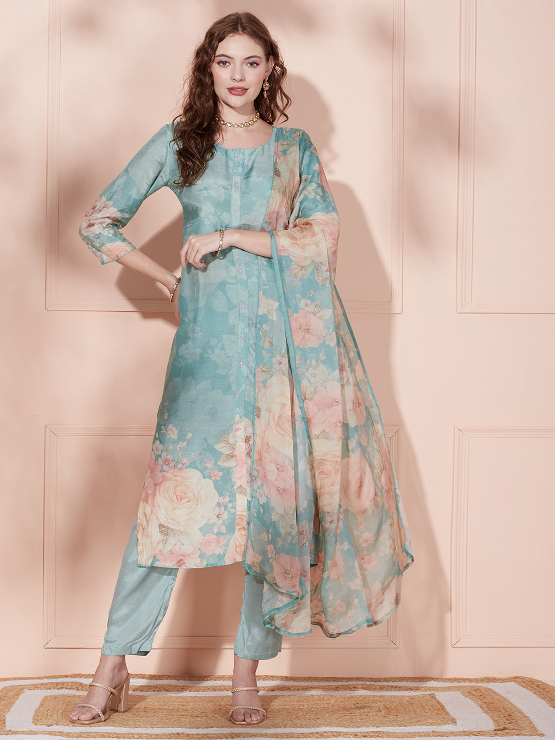 Floral Printed Beads Embroidered Kurta with Pants & Floral Dupatta - L