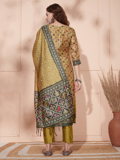 Ethnic Tribal Printed & Embroidered Straight Kurta with Pant & Dupatta - Green