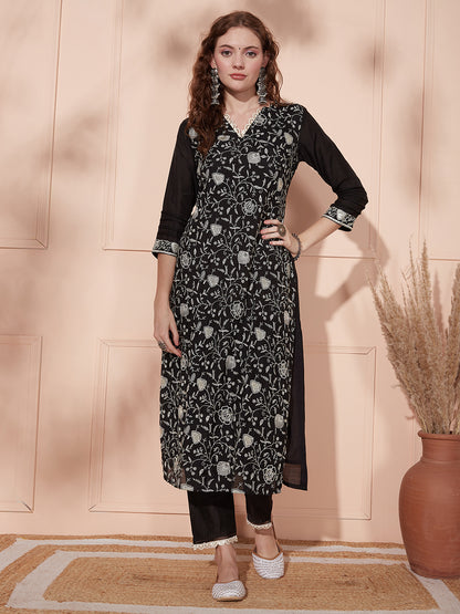 Solid Floral Embroidered Straight Kurta with Pant & Dupatta - Black