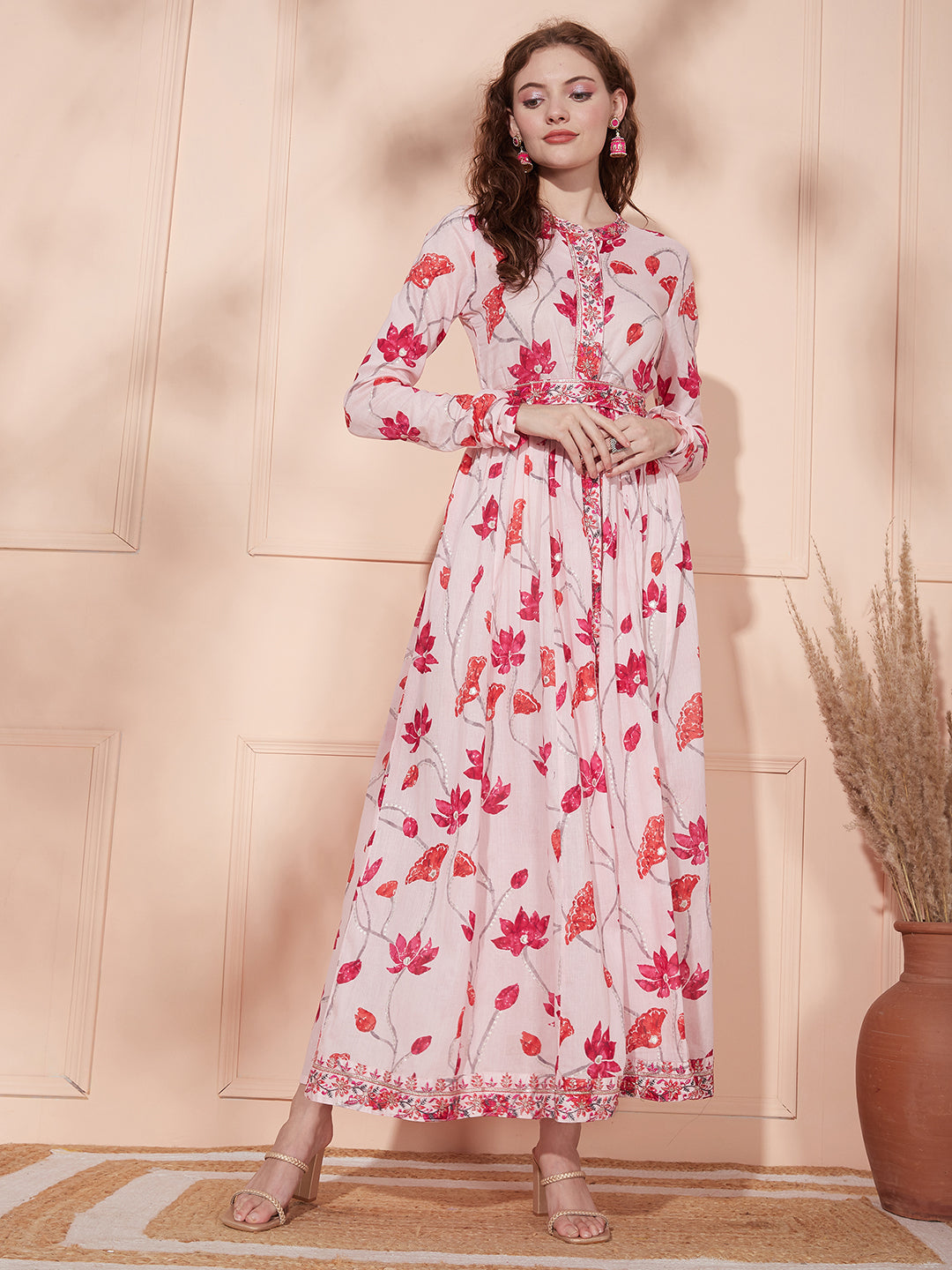 Floral Printed Resham & Sequins Embroidered Mul-Cotton Maxi Dress - Pink & Multi