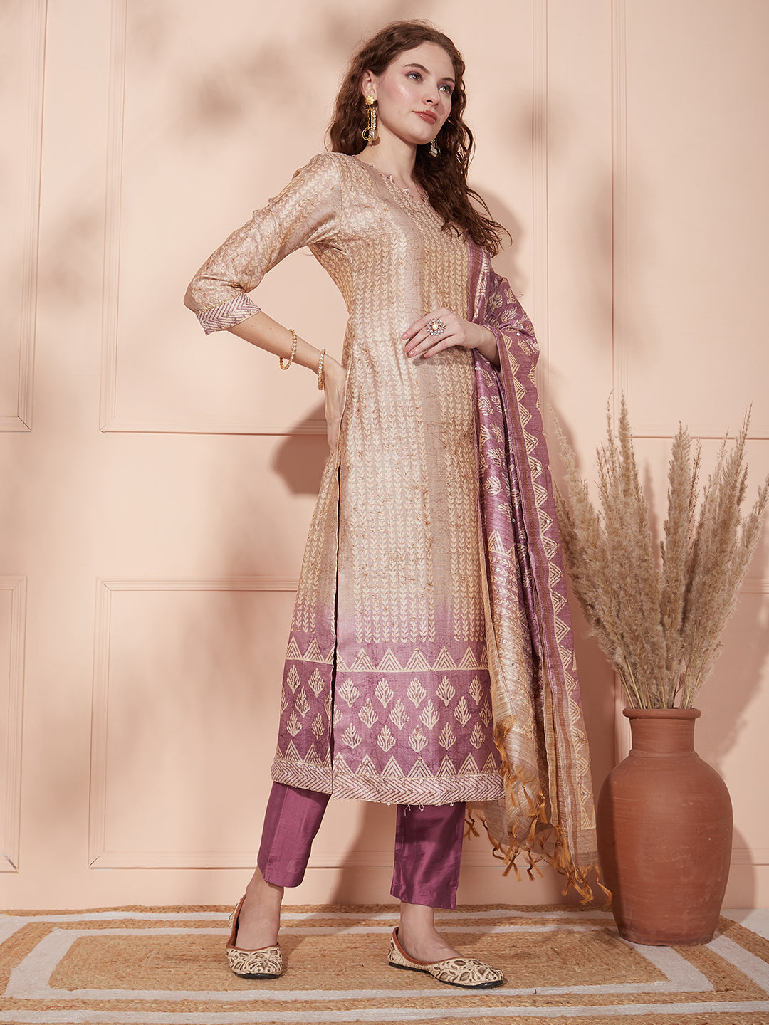 Solid Ethnic Printed & Sequin Embroidered Kurta with Pant & Dupatta - Beige
