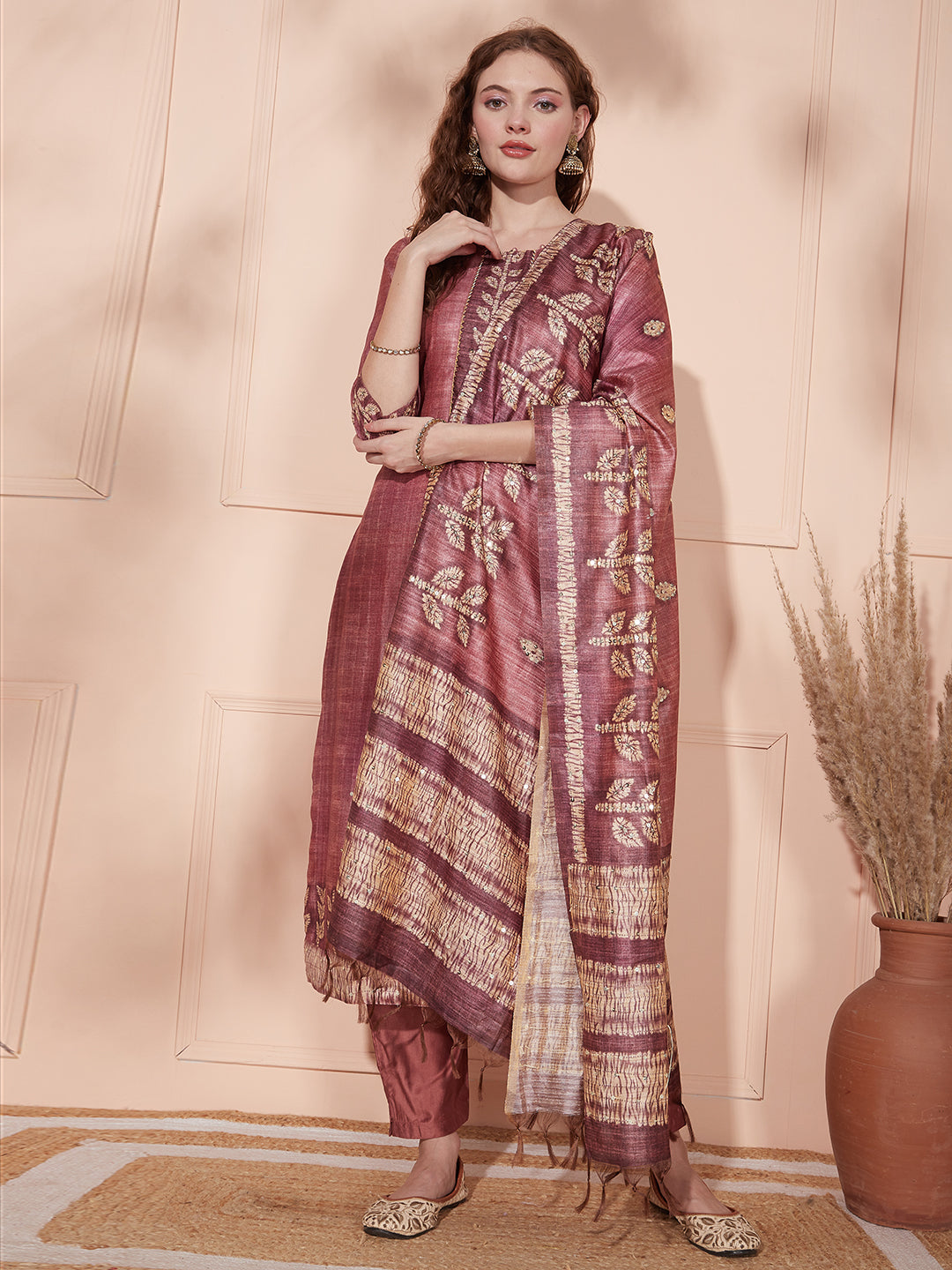 Solid Sequin Embroidered Kurta with Pant & Ethnic Printed Dupatta - Mauve