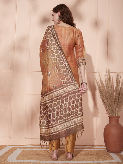 Solid Geometric Printed & Sequin Embroidered Kurta with Pant & Dupatta - Brown