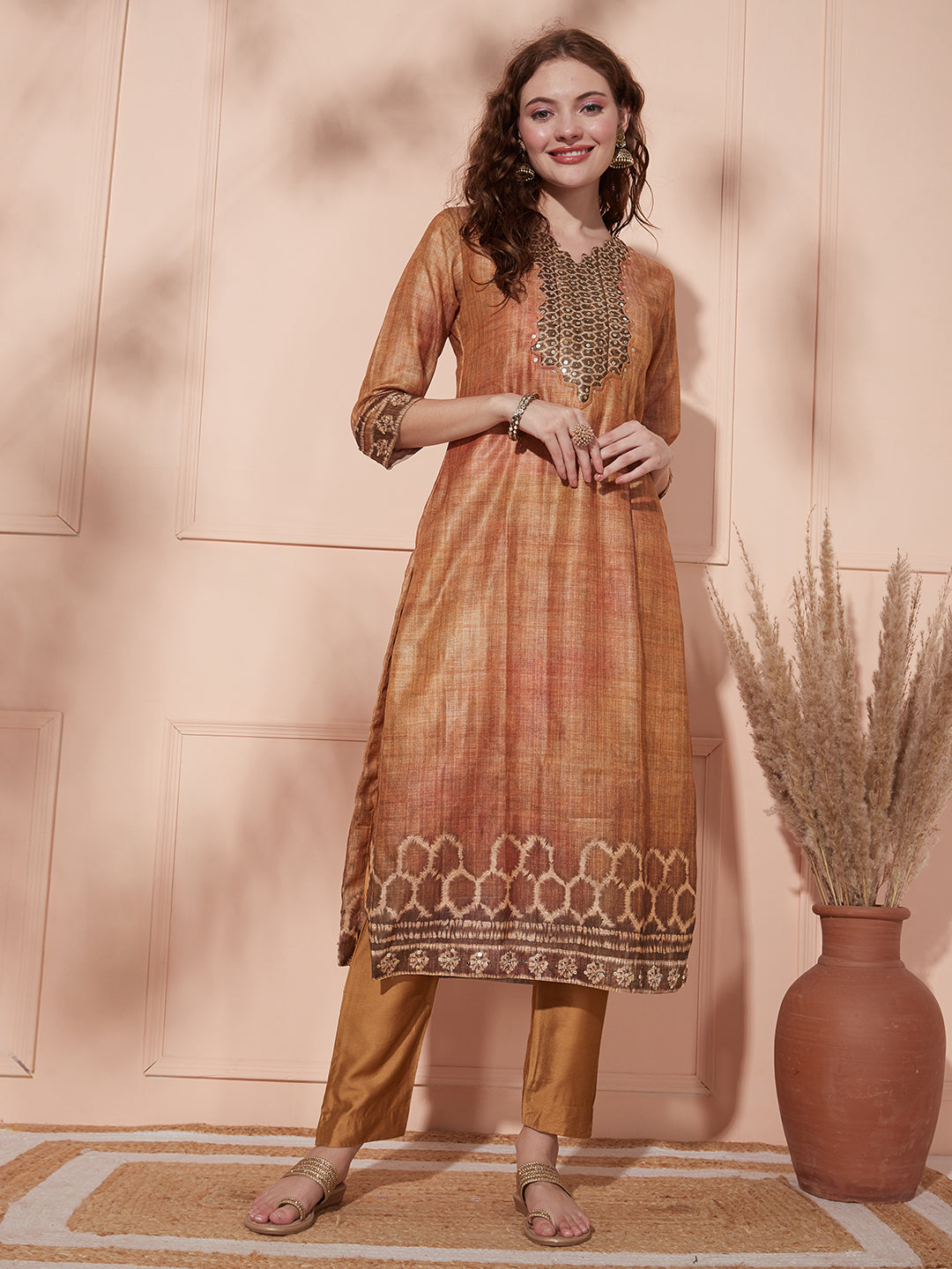 Solid Geometric Printed & Sequin Embroidered Kurta with Pant & Dupatta - Brown