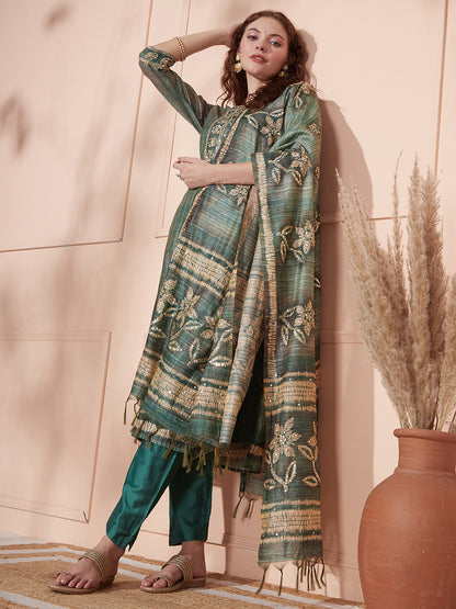 Solid Floral Printed & Sequin Embroidered Kurta with Pant & Dupatta - Green