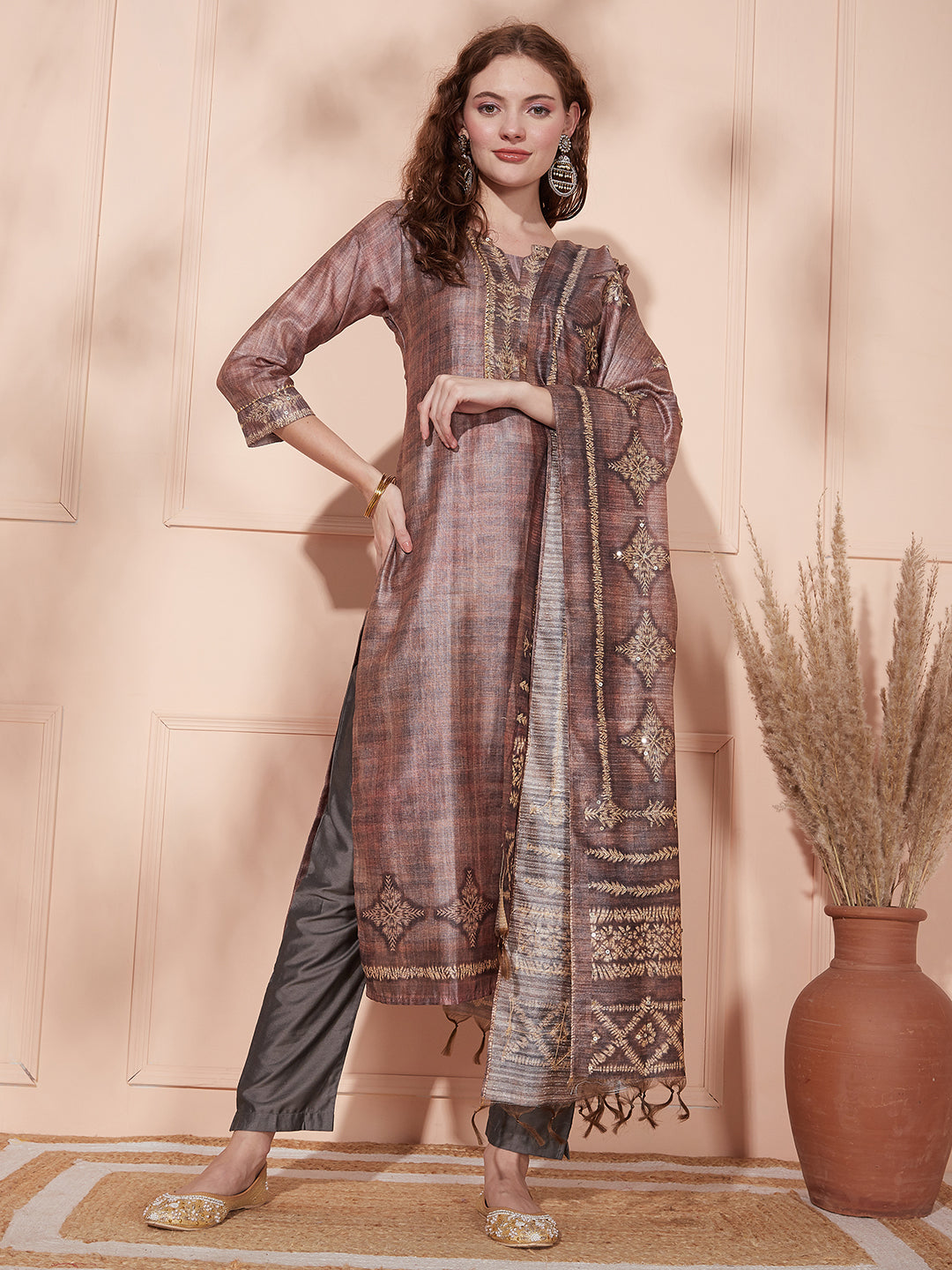 Solid Ethnic Printed & Sequin Embroidered Kurta with Pant & Dupatta - Brown