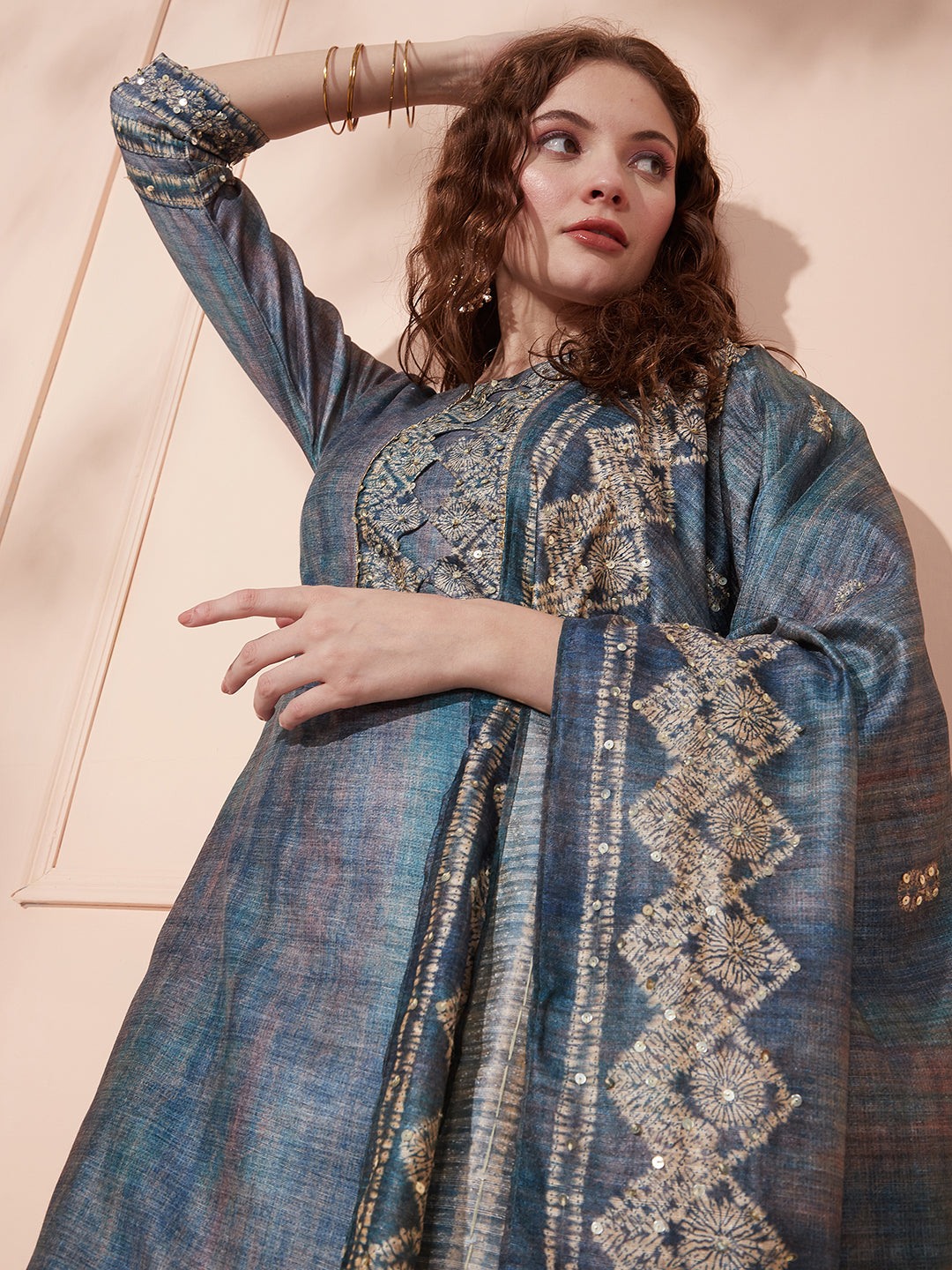 Solid Ethnic Printed & Sequin Embroidered Kurta with Pant & Dupatta - Blue
