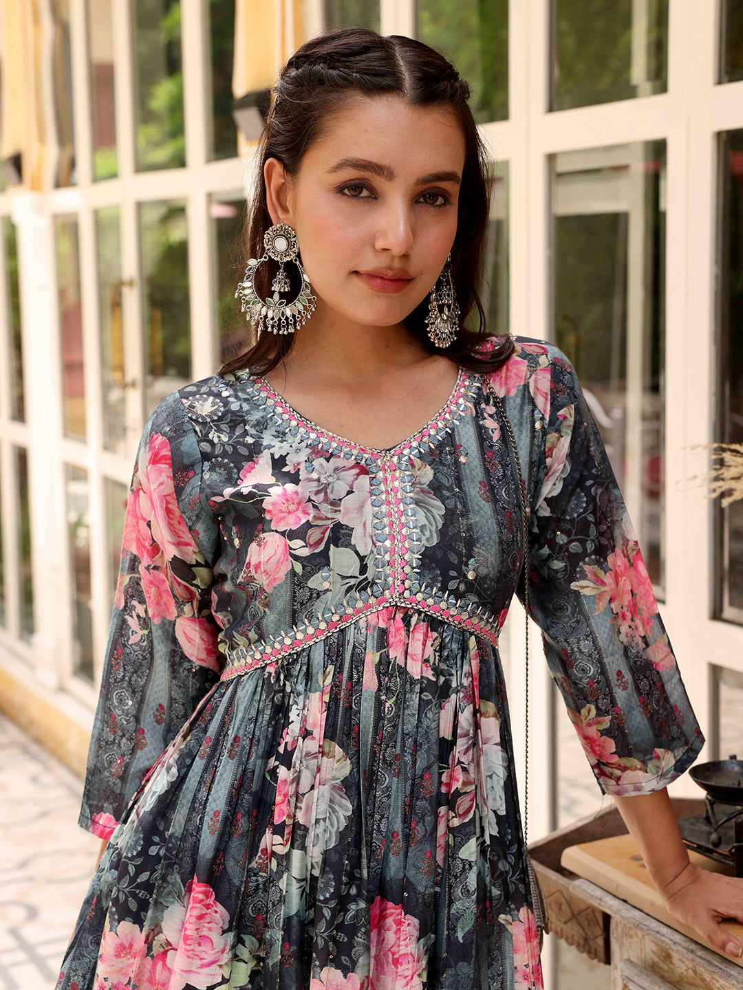 Floral Printed Woven Sequined Mirror Gotapatti Embroidered Flared Maxi Dress Grey Multi