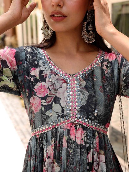 Floral Printed Woven Sequined Mirror & Gotapatti Embroidered Flared Maxi Dress - Grey & Multi