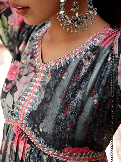 Floral Printed Woven Sequined Mirror & Gotapatti Embroidered Flared Maxi Dress - Grey & Multi