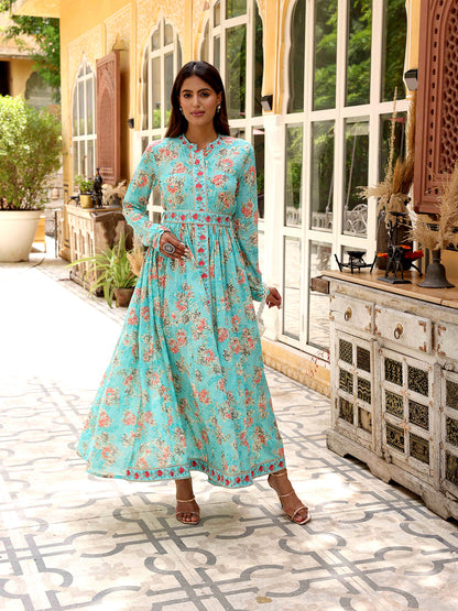 Floral Printed Resham & Zari Embroidered Mul-Cotton Maxi Dress With Embroidered Waist Belt - Blue