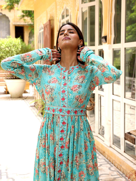 Floral Printed Resham & Zari Embroidered Mul-Cotton Maxi Dress With Embroidered Waist Belt - Blue