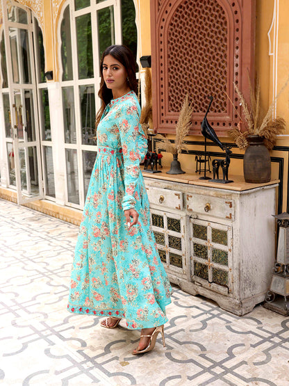 Floral Printed Resham & Zari Embroidered Mul-Cotton Maxi Dress With Embroidered Waist Belt - Blue