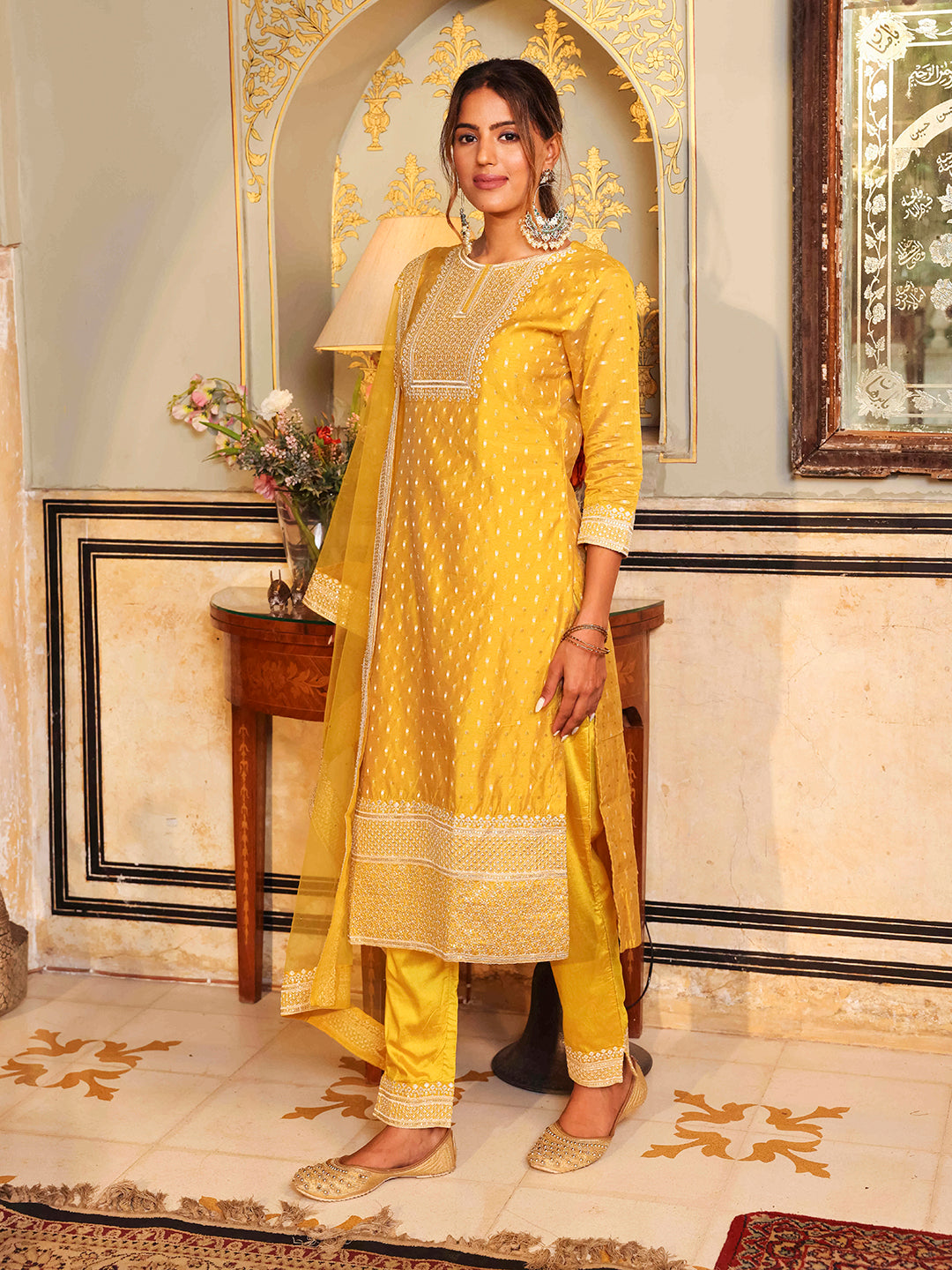 Solid Ethnic Woven & Embroidered Straight Kurta with Pant & Dupatta - Yellow