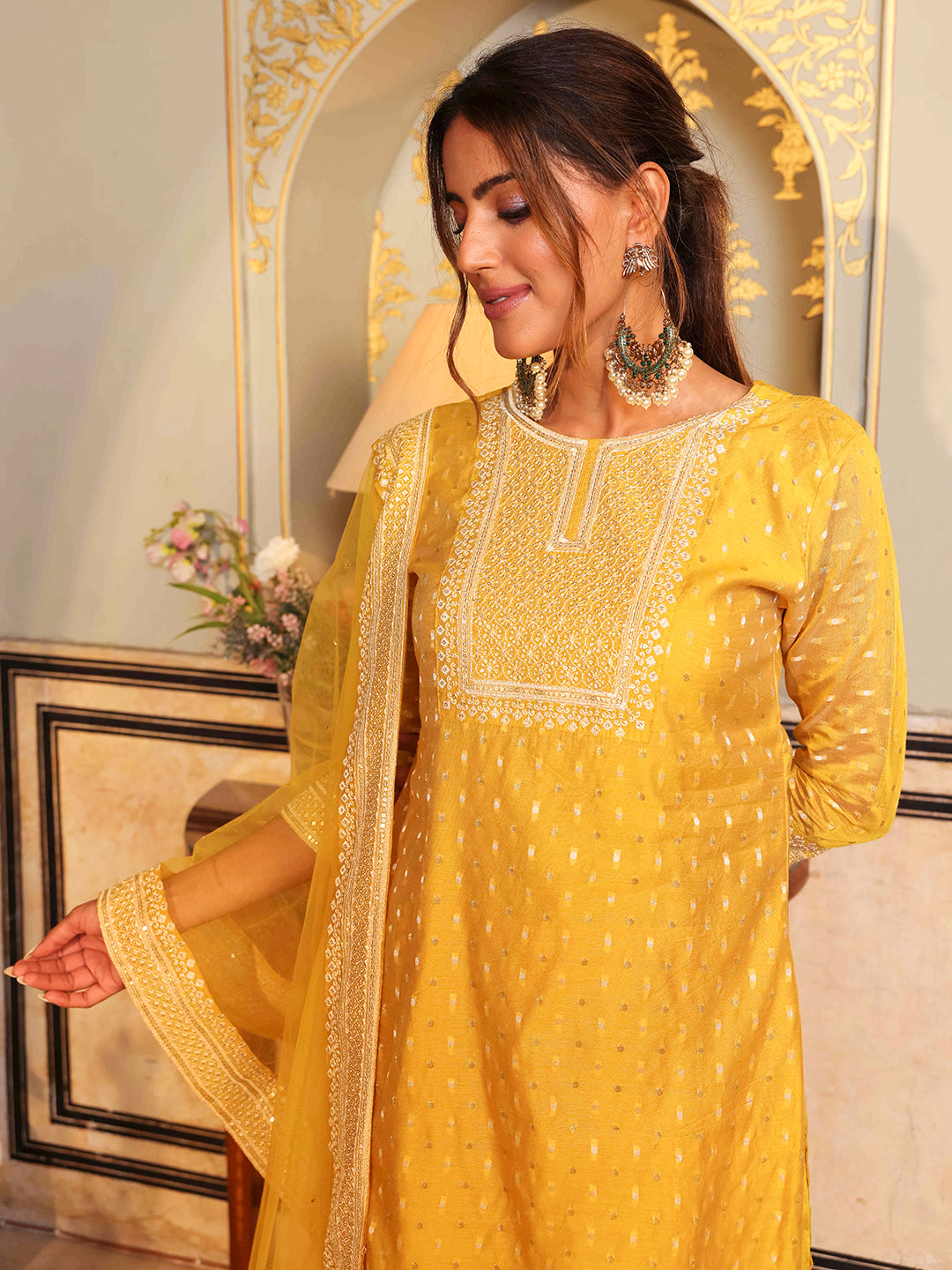 Solid Ethnic Woven & Embroidered Straight Kurta with Pant & Dupatta - Yellow