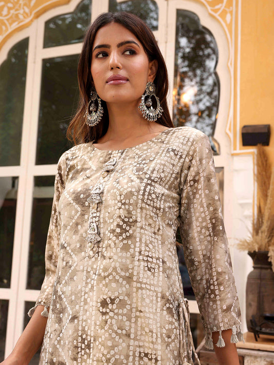 Abstract Bandhani Printed Mirror & Zari Embroidered Latkan Embellished kurta - Taupe