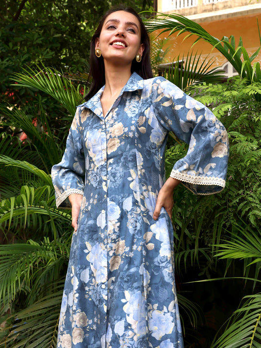 Abstract Floral Foil Printed A-Line Paneled Kurta with Pant - Blue