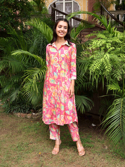 Floral Foil Printed Paneled A-Line Kurta with Pant - Pink