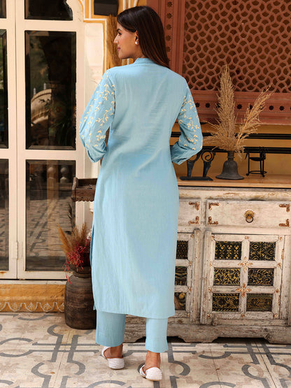 Solid Floral Resham Embroidered Pin-Tucks Kurta with Pants - Blue