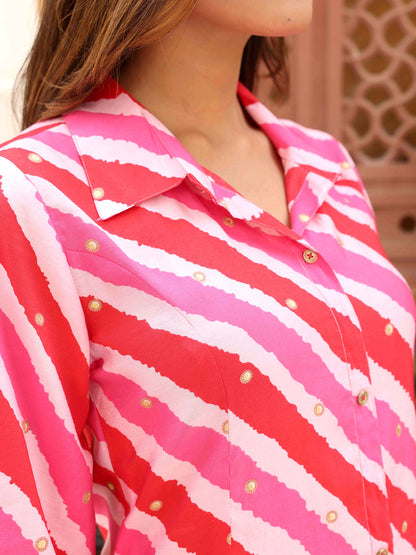 Leheriya Printed A-Line Paneled Kurta with Pant - Pink