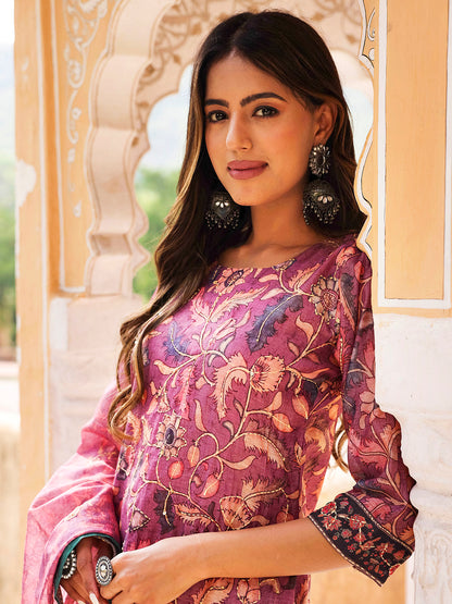 Floral Printed Resham & Sequins Kantha Embroidered Kurta With Floral Embroidered Dupatta - Rose Gold Mauve
