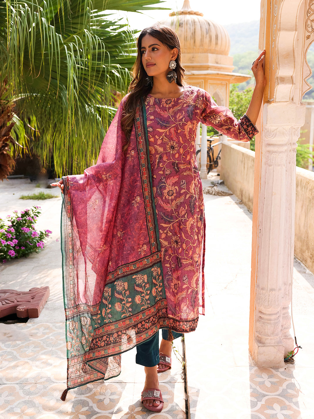 Floral Printed Resham & Sequins Kantha Embroidered Kurta With Floral Embroidered Dupatta - Rose Gold Mauve