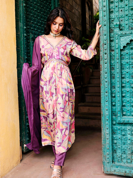 Abstract Printed Mirror, Cutdana & Sequins Embroidered High Slit Kurta With Pants & Dupatta - Multi