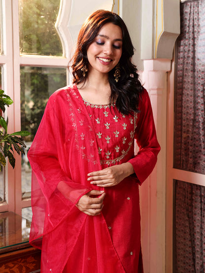 Solid Gotapatti Hand Embroidered Kurta with Pants & Embroidered Dupatta - Magenta