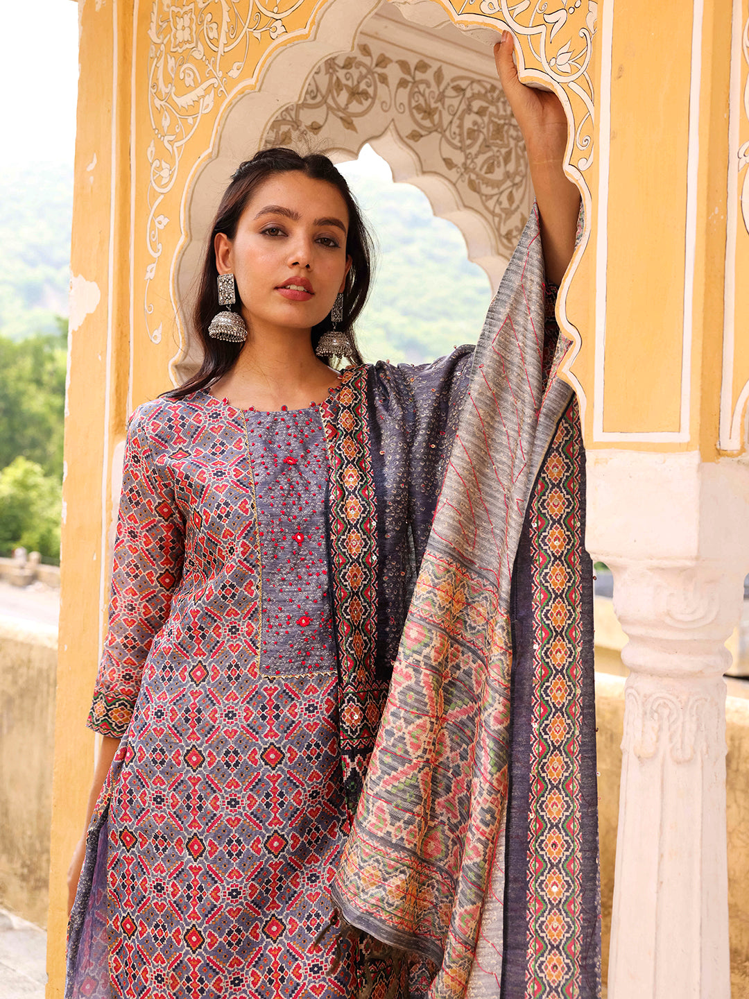 Ethnic Printed & Embroidered Straight Fit Kurta with Pant & Dupatta - Blue