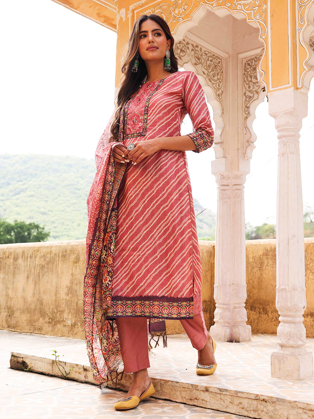 Ethnic Printed & Embroidered Straight Fit Kurta with Pant & Dupatta - Mauve