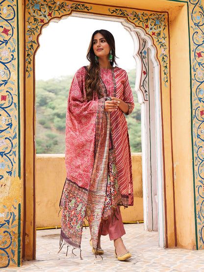 Ethnic Printed & Embroidered Straight Fit Kurta with Pant & Dupatta - Mauve