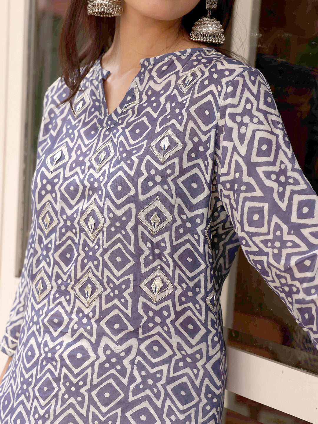 Ethnic Printed & Embroidered Kurta - Stone Grey