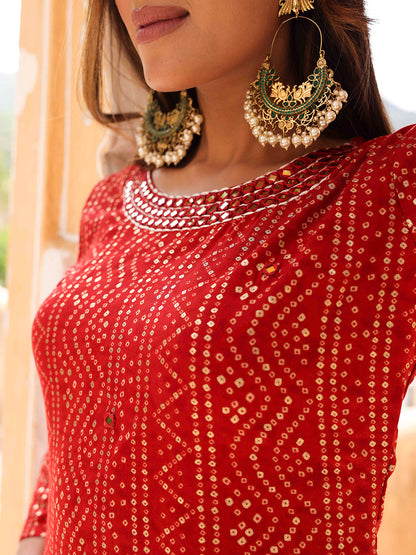 Bandhani Printed & Mirror Embroidered Straight Fit Kurta - Red