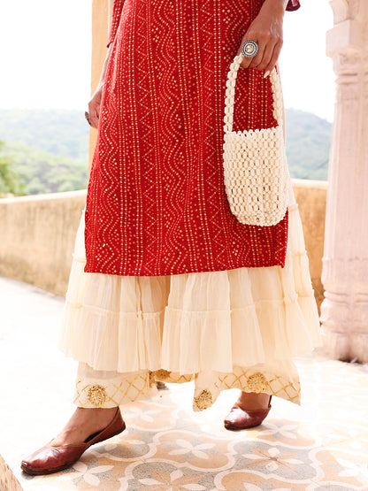 Bandhani Printed & Mirror Embroidered Straight Fit Kurta - Red