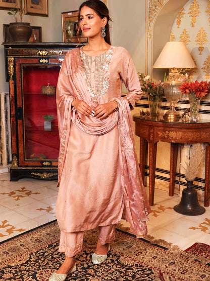 Floral Hand Embroidered Straight Kurta with Pants and Dupatta - Onion Pink