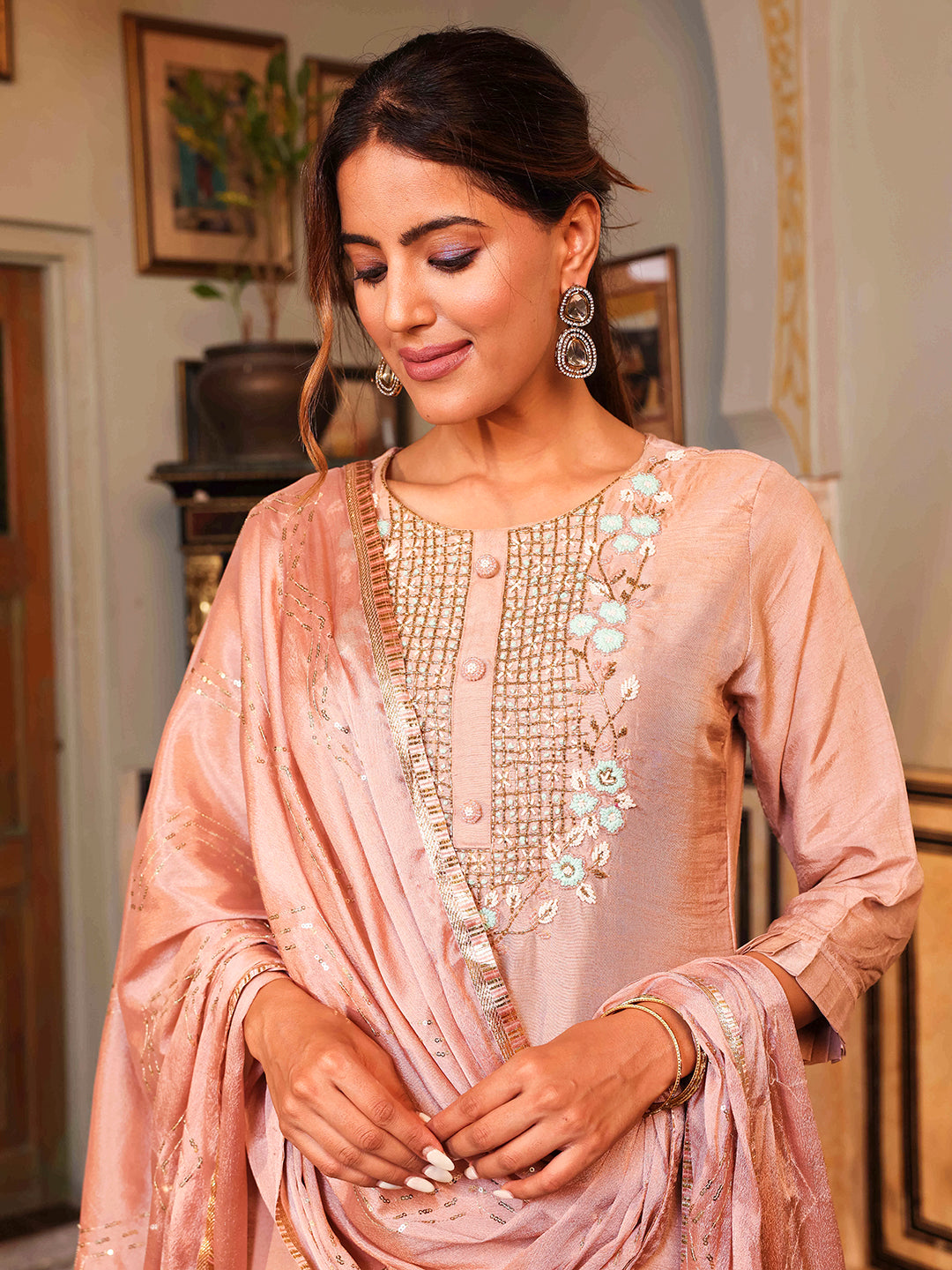 Floral Hand Embroidered Straight Kurta with Pants and Dupatta - Onion Pink