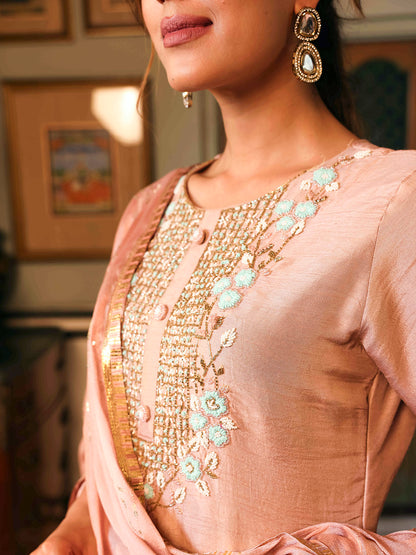 Floral Hand Embroidered Straight Kurta with Pants and Dupatta - Onion Pink