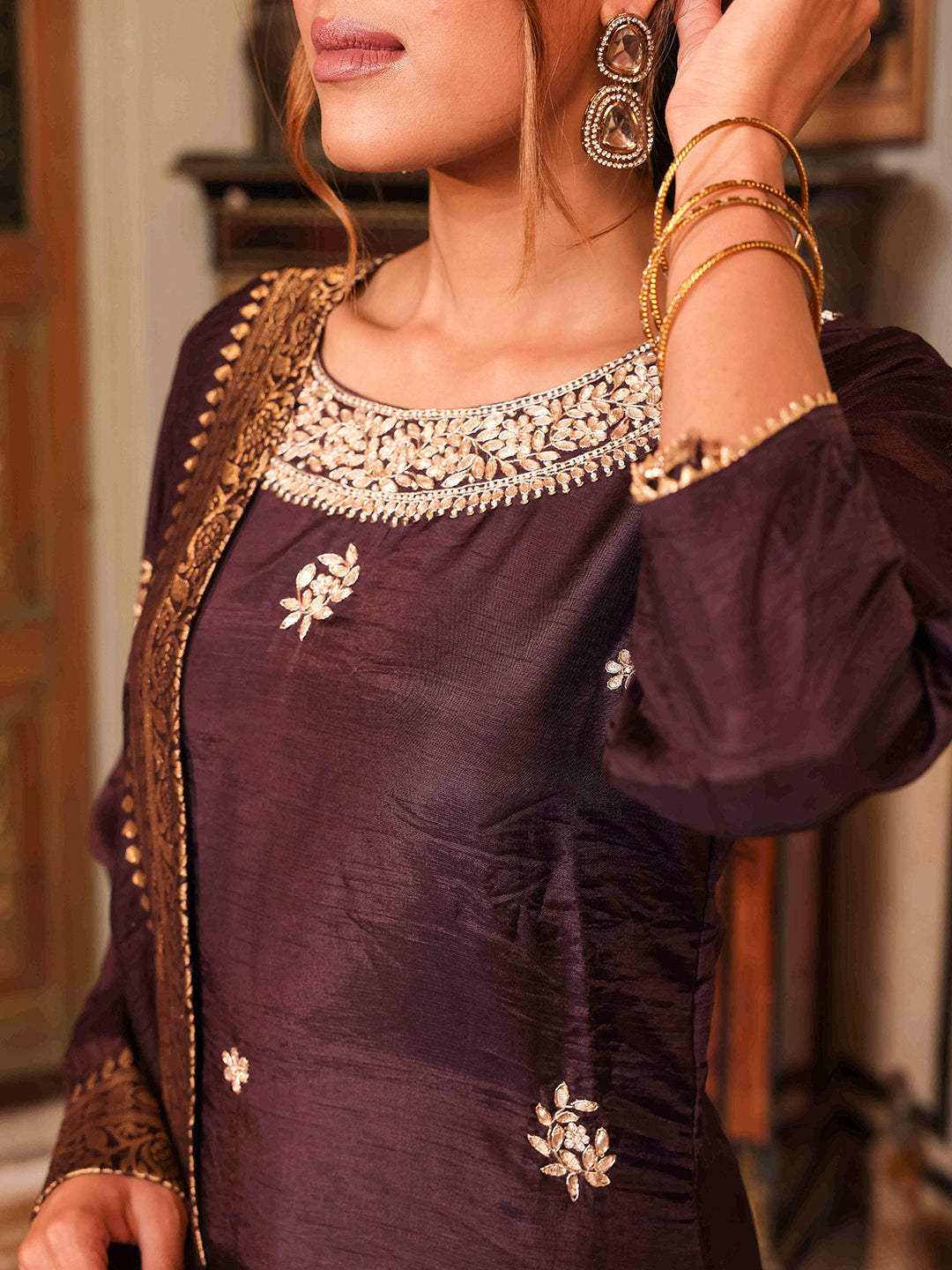Solid Floral Hand Embroidered Straight Fit Kurta & Pant & Dupatta - Violet