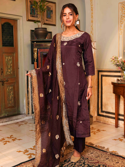 Solid Floral Hand Embroidered Straight Fit Kurta & Pant & Dupatta - Violet