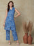 Floral Block Printed Mother-Of-Pearl Buttoned A-line Kurta with Pants - Blue