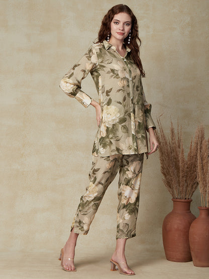 Floral Printed Mother-of-Pearl Buttoned Shirt With Pants Co-ord Set - Olive